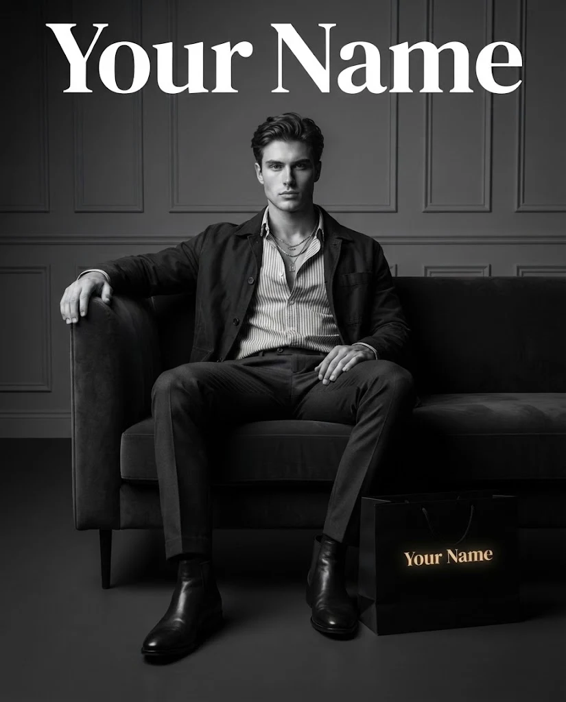 Luxury Fashion Portrait Young Man Velvet Sofa image 1