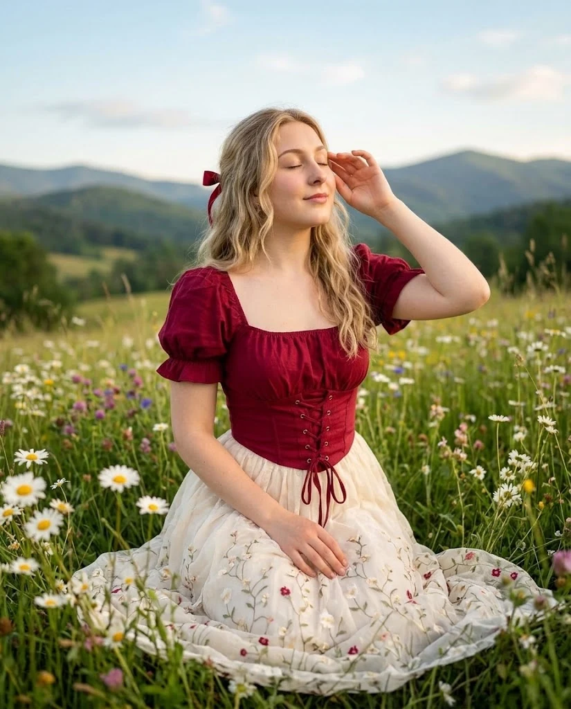 Romantic Cottagecore Woman Golden Hour Meadow image 1