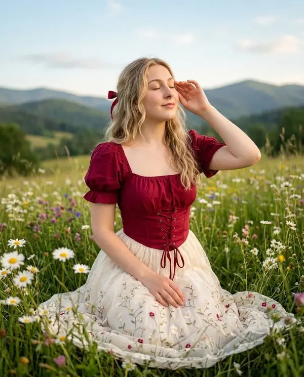 Romantic Cottagecore Woman Golden Hour Meadow