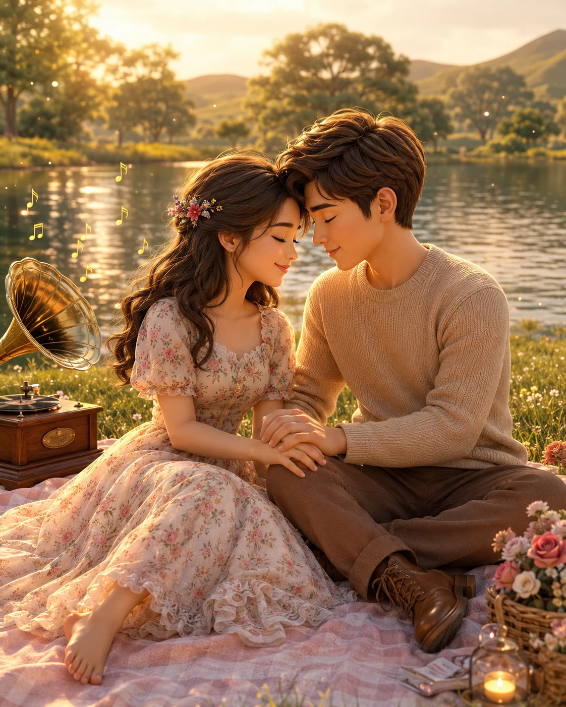Couple Picnic Portrait Golden Hour Pixar Style image 1