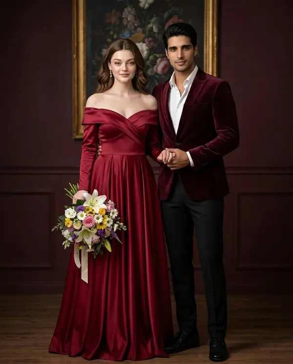 Luxury wedding couple portrait burgundy editorial