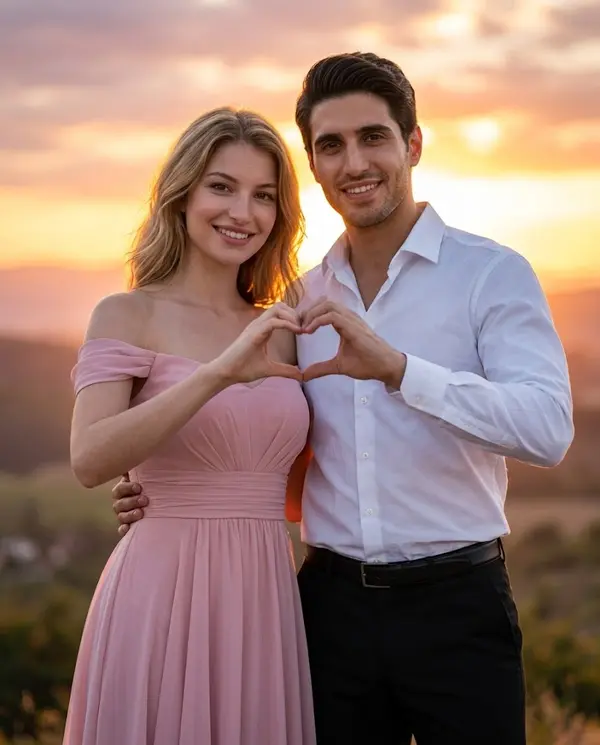 Golden hour couple portrait with heart hands