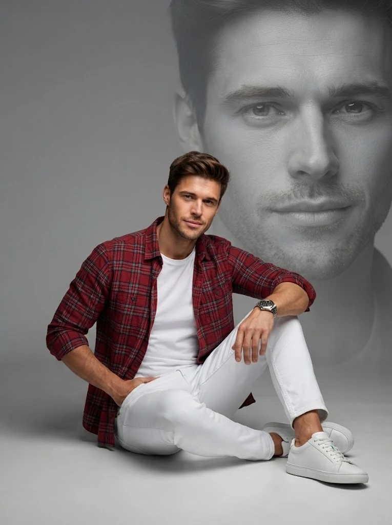 Male Portrait Studio Double Exposure Red Plaid image 1