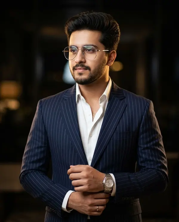 Premium Studio Portrait Navy Pinstripe Suit