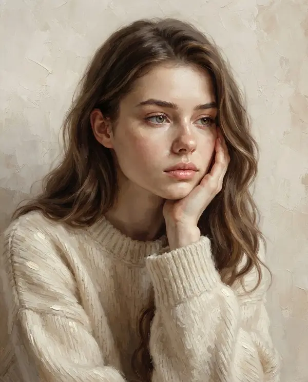 Oil painting portrait with introspective gaze