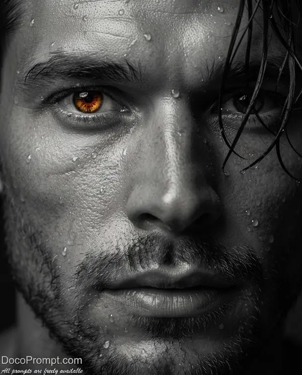 Intense wet portrait with amber iris detail