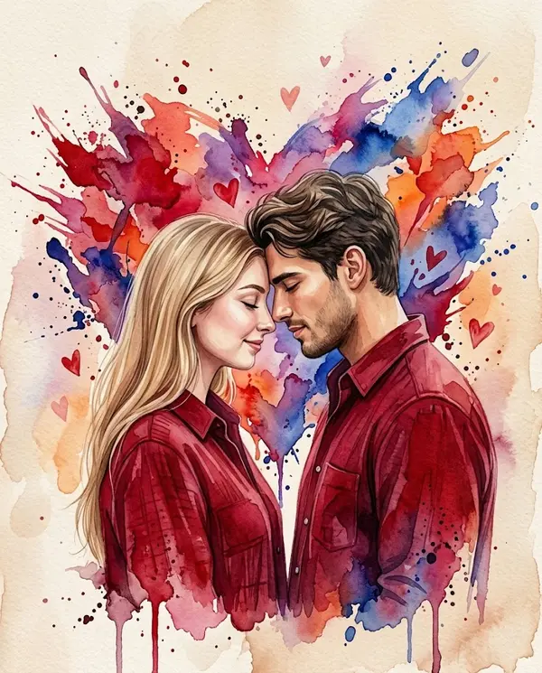 Romantic Watercolor Couple Portrait with Abstract Heart