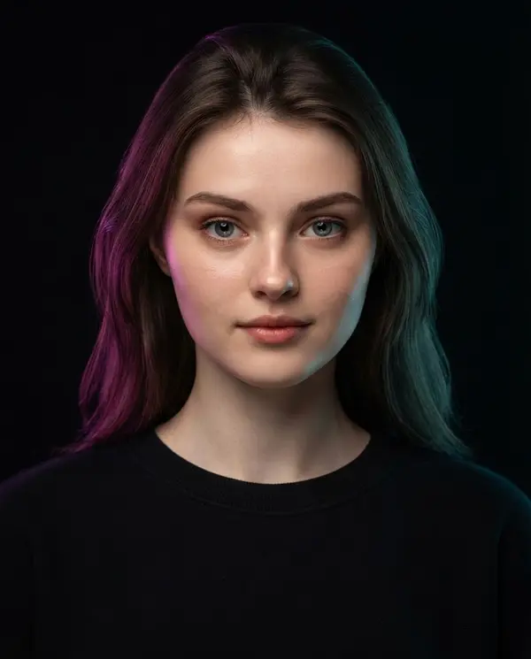 Cinematic studio portrait woman magenta cyan lighting
