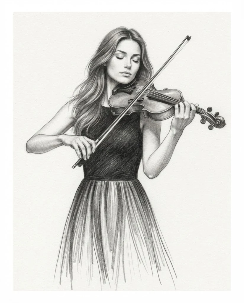 Woman Playing Violin Graphite Fine Art Drawing image 1