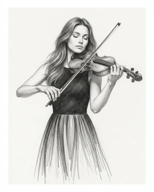 Woman Playing Violin Graphite Fine Art Drawing