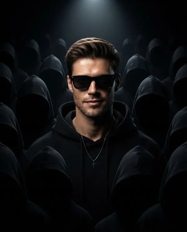 Dark cinematic portrait surrounded by hooded figures