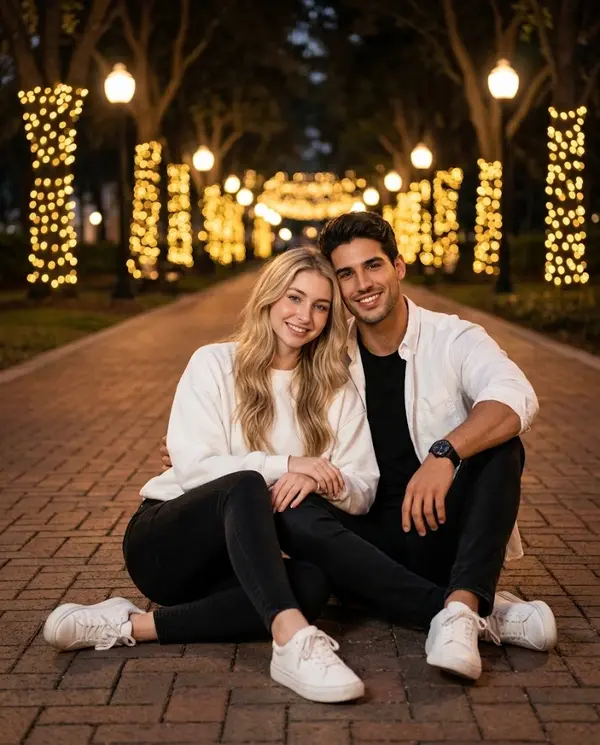 Romantic couple portrait on illuminated pathway