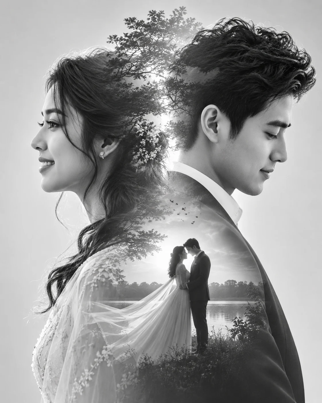 Grey White Double Exposure Prewedding Portrait image 1