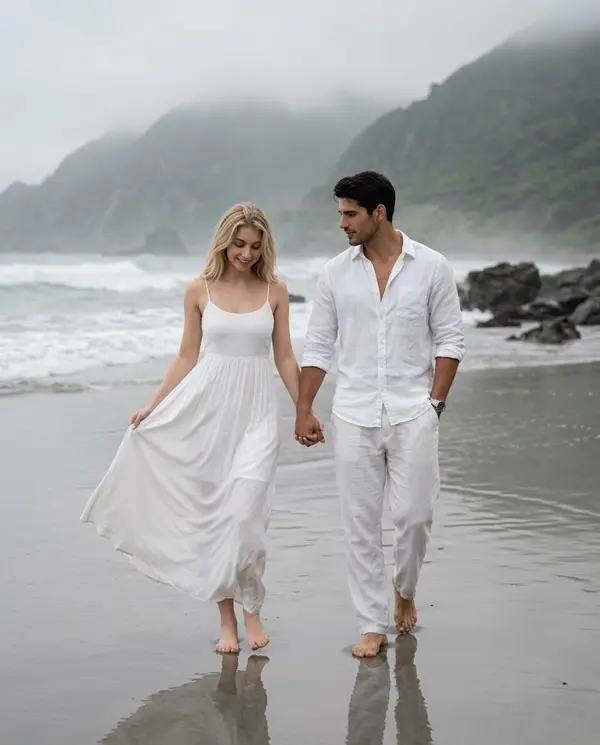 Romantic couple beach portrait overcast mood