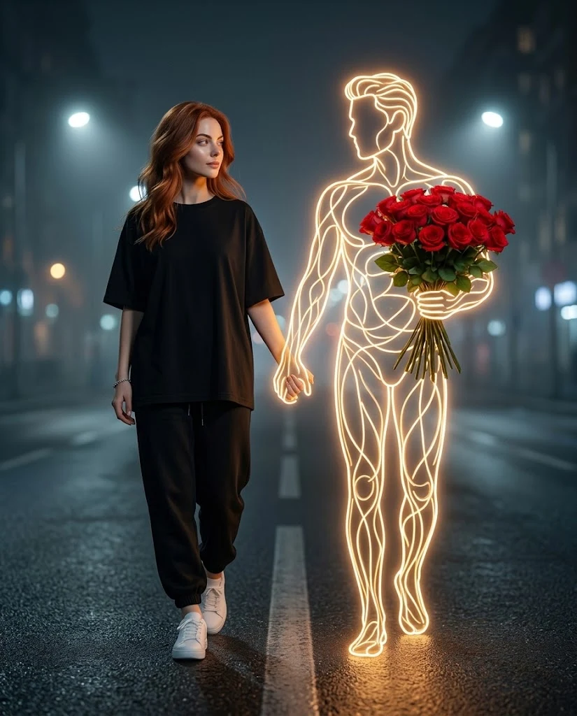 Woman with neon male figure on city street image 1