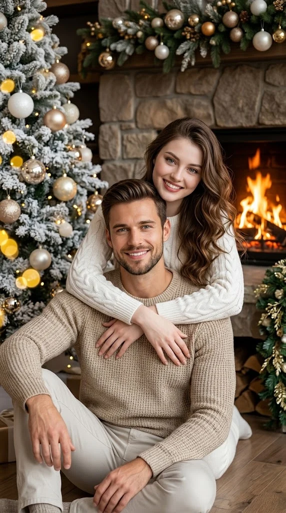 Couple Christmas Portrait by Fireplace image 1