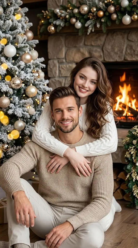 Couple Christmas Portrait by Fireplace
