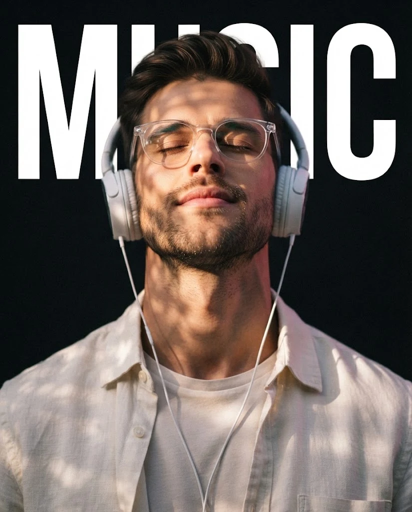 Hyper-realistic fashion editorial portrait with headphones image 1