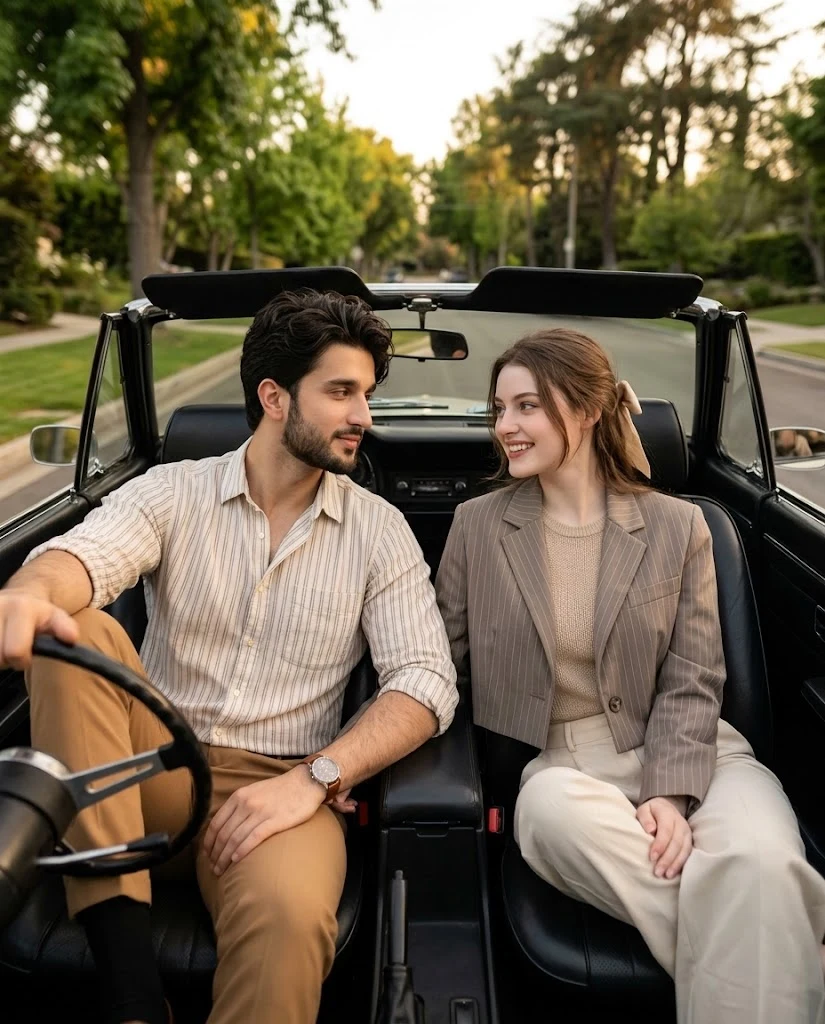 Open-Top Convertible Couple Golden Hour Portrait image 1
