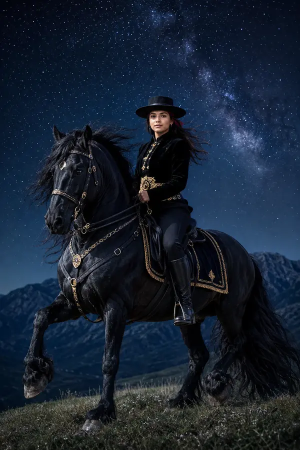 Woman on Friesian horse night mountain portrait