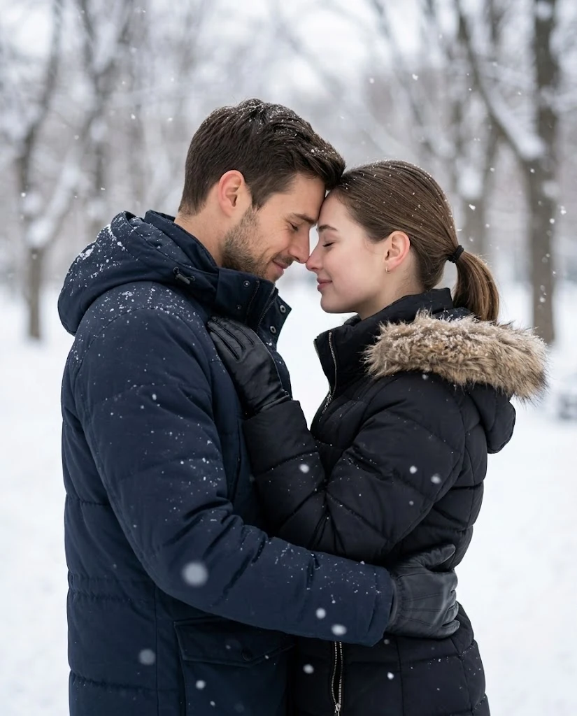 Romantic winter couple embrace in snowfall image 1
