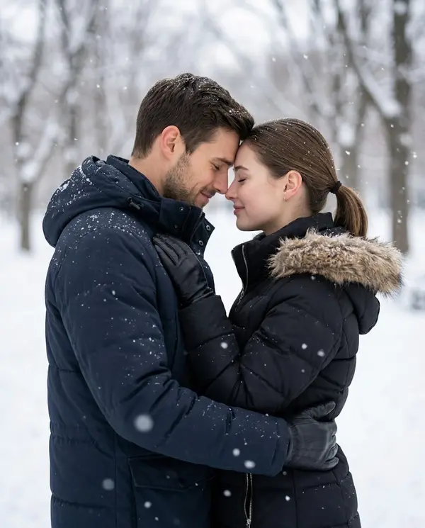 Romantic winter couple embrace in snowfall
