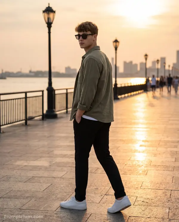 Man walking waterfront promenade golden hour