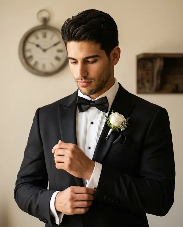 Editorial groom portrait in warm soft light