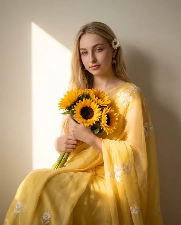 Woman in Yellow Saree with Sunflowers Golden Hour