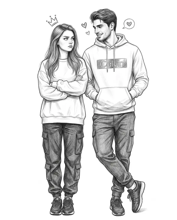 Couple Pencil Sketch Black and White Portrait