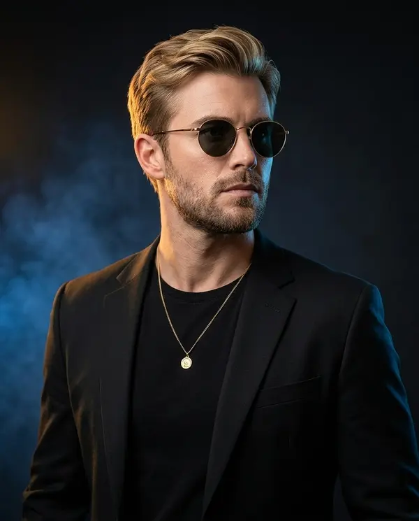 Luxury Editorial Studio Portrait Black Gold Blue