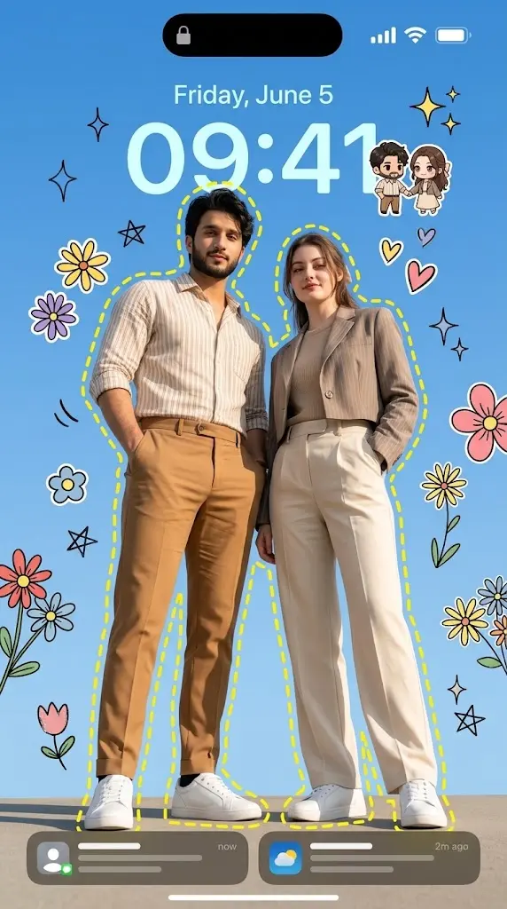Couple lockscreen wallpaper with doodle art