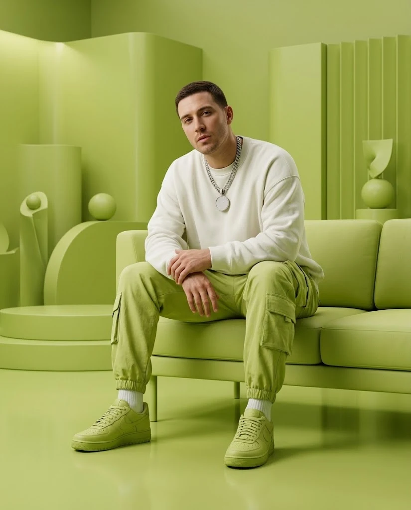 Luxury streetwear portrait lime green studio image 1