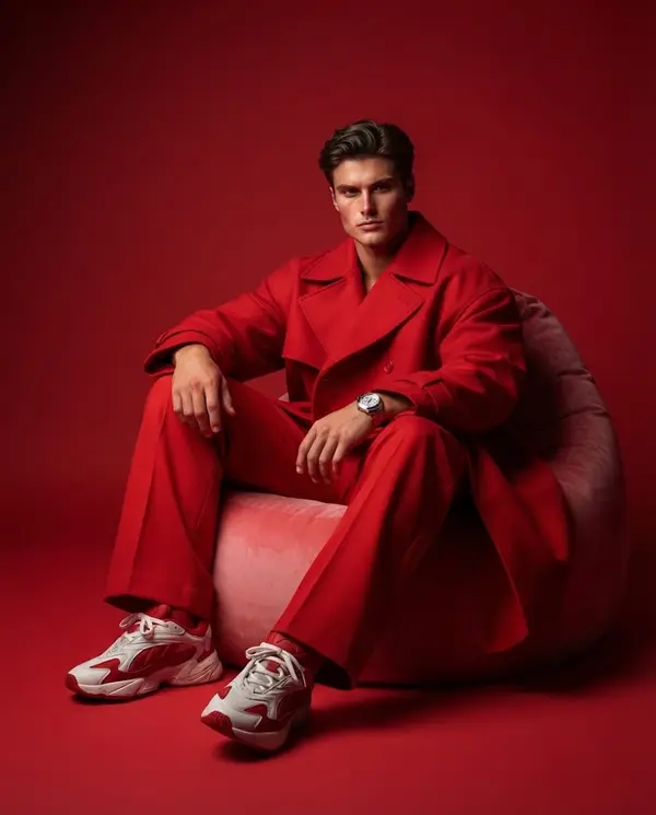 Confident man in red streetwear studio portrait