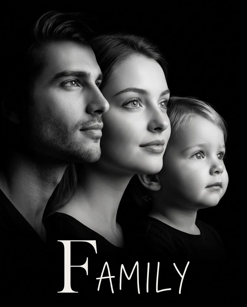 Elegant black-and-white family portrait with overlapping profiles image 1