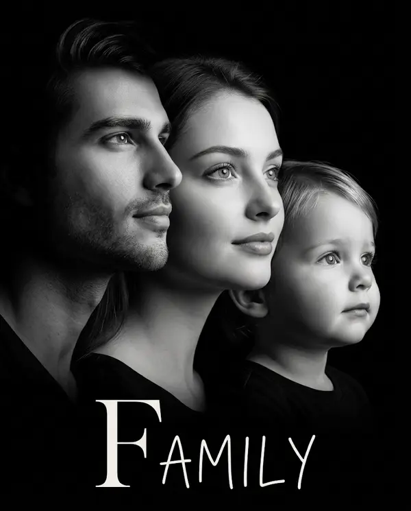 Elegant black-and-white family portrait with overlapping profiles