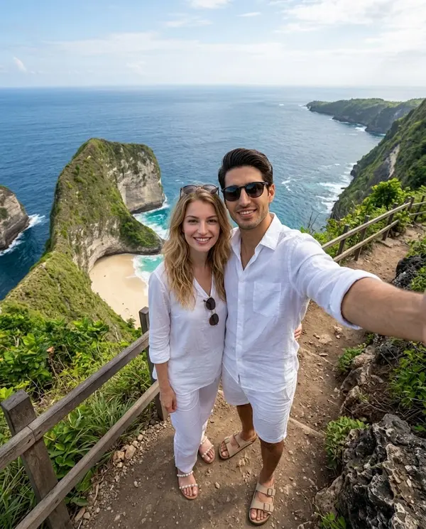 Couple selfie hiking Kelingking Beach Bali