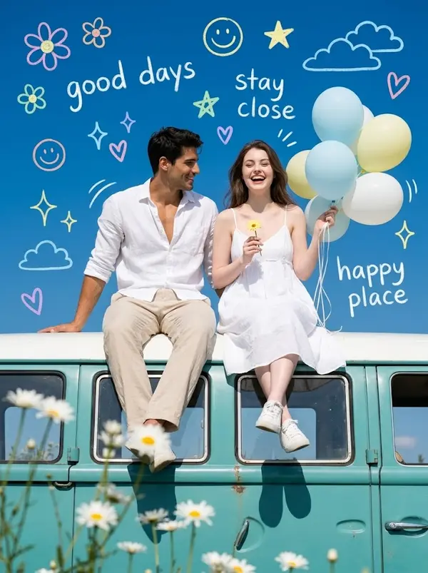 Couple on Vintage Camper Van Spring Portrait