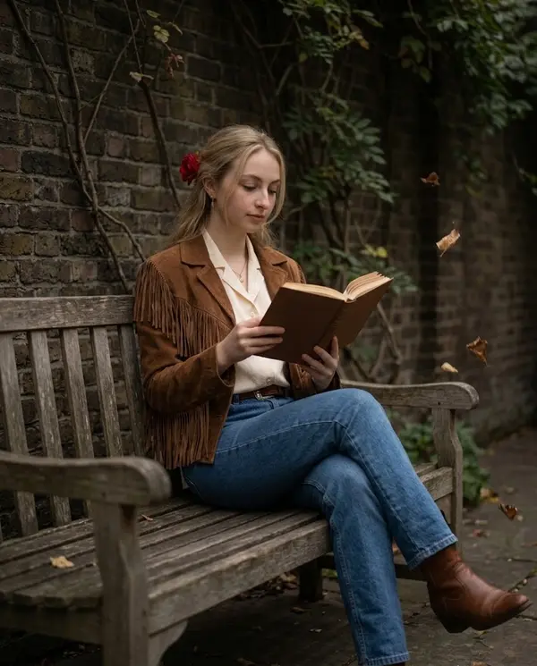 Woman Reading on Bench Western Portrait