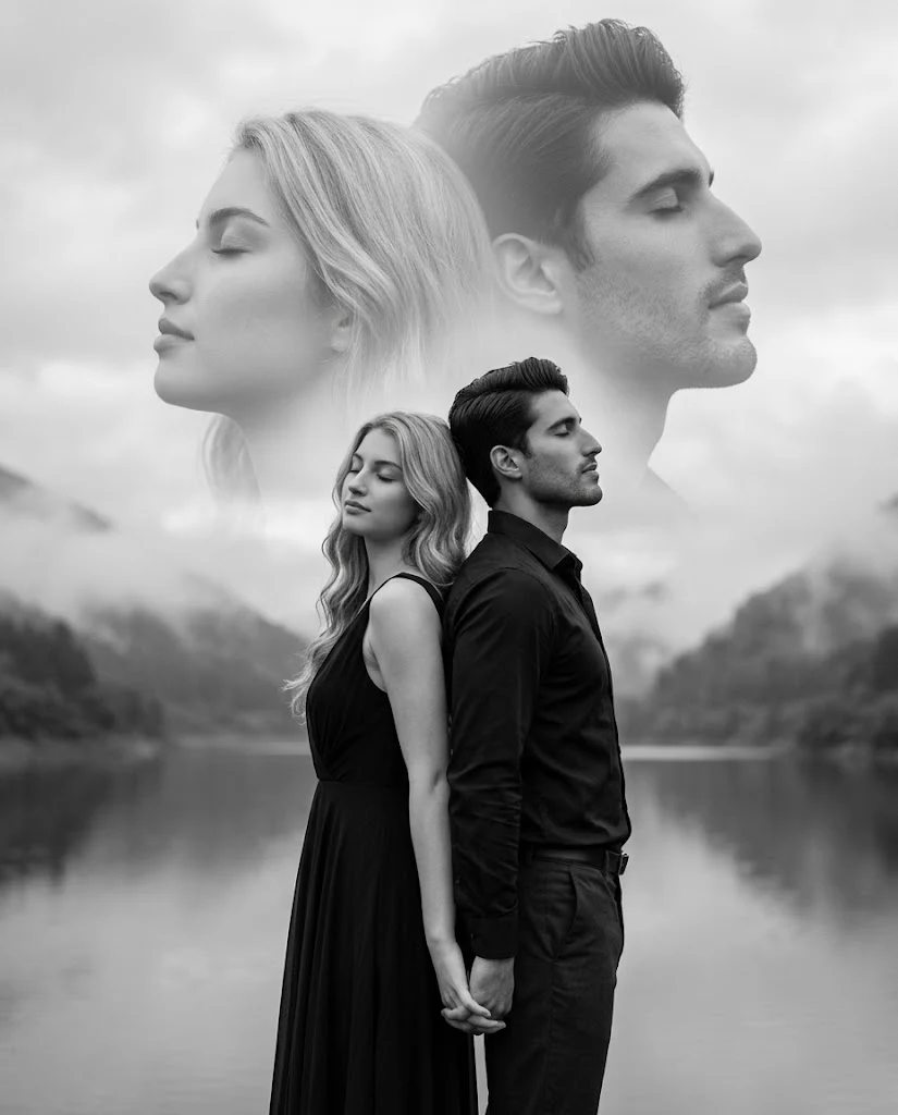 Cinematic double-exposure romantic couple portrait image 1