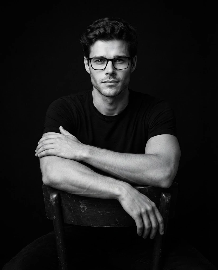 Professional black and white male portrait seated image 1