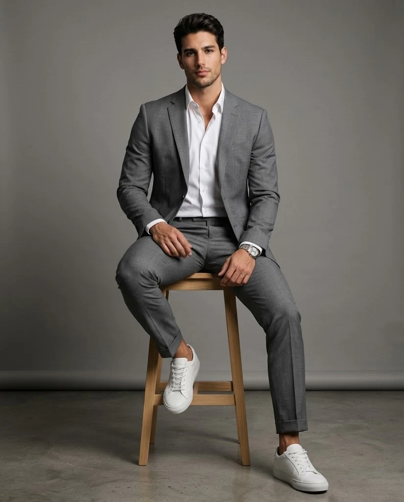 Ultra-realistic studio portrait seated man gray image 1