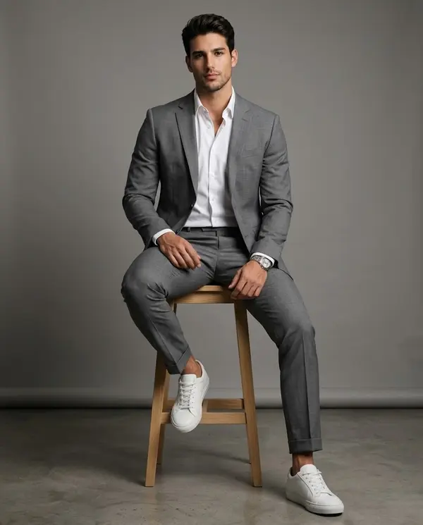 Ultra-realistic studio portrait seated man gray