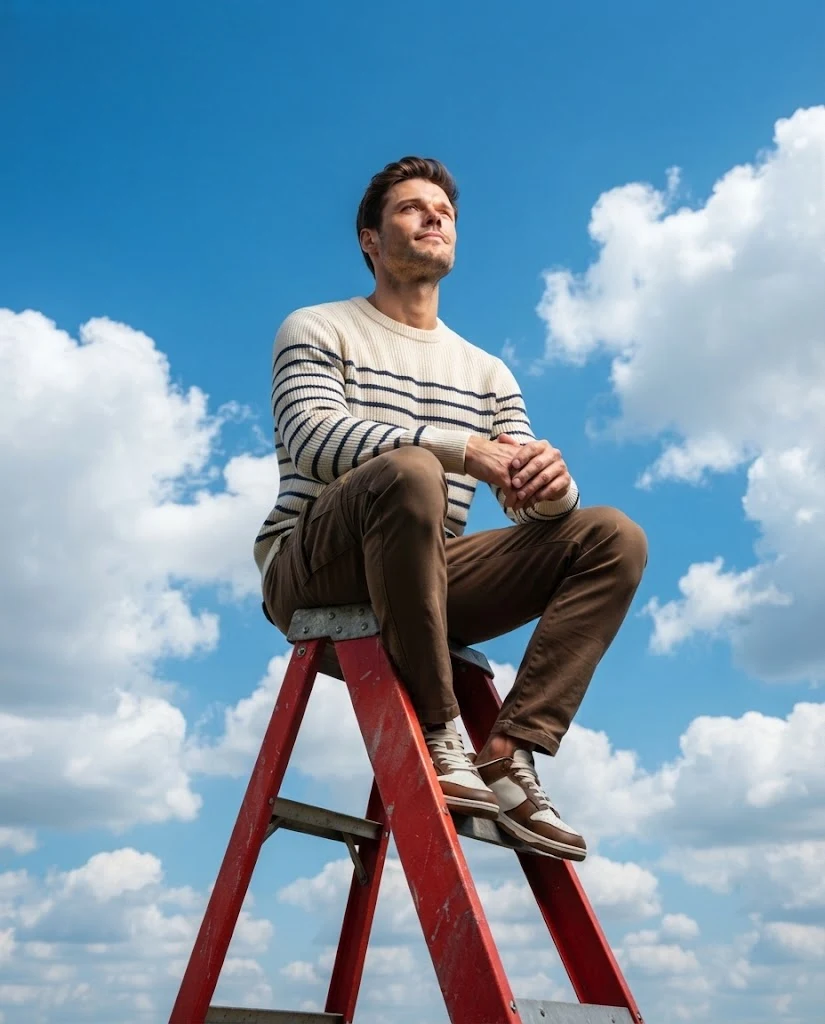 Contemplative portrait on ladder against blue sky image 1