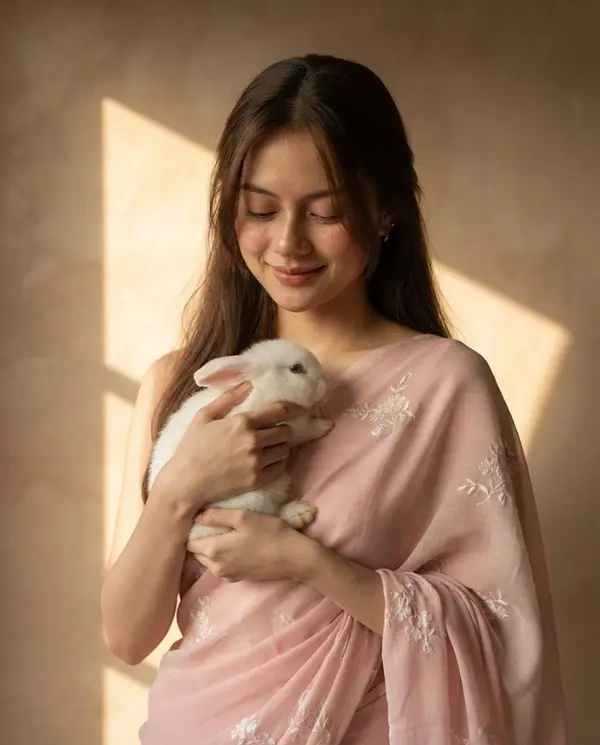 Woman with rabbit in soft sunlit saree portrait