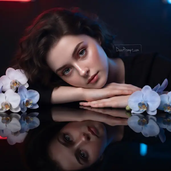 Woman with Neon Reflection Studio Portrait