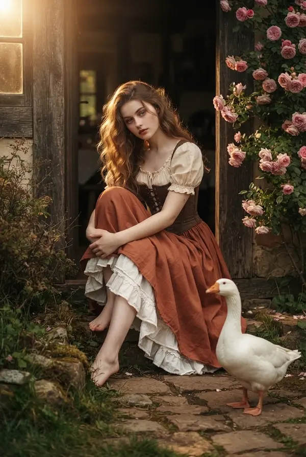 Young Woman Cottagecore Portrait with Goose