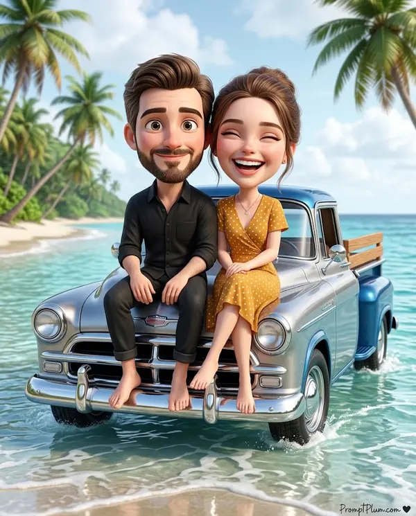Vintage Pickup Couple 3D Caricature Beach