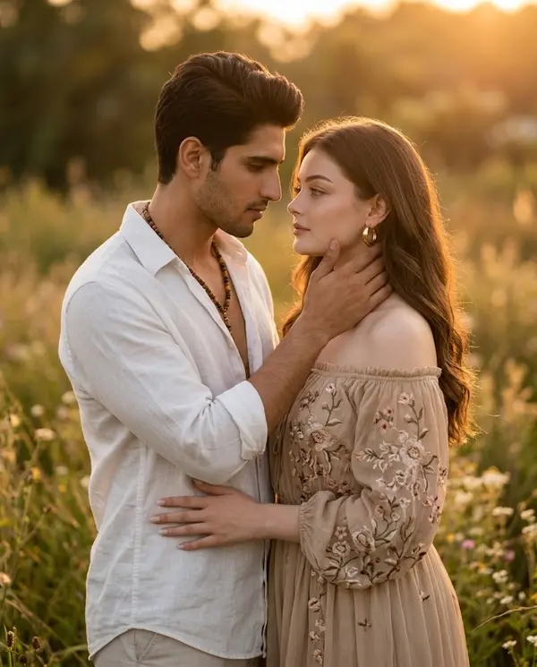 Dreamy bohemian couple golden hour portrait
