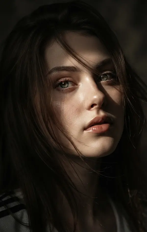 Dramatic close-up woman portrait with windswept hair